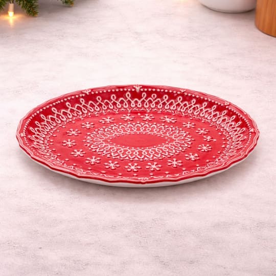 Melrose 12" Red & White Embossed Ceramic Snowflake Platters, 2ct.